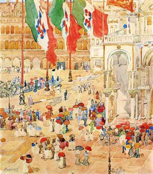 Piazza Of St Marks Aka The Piazza Flags Venice Oil Painting by Maurice Brazil Prendergast