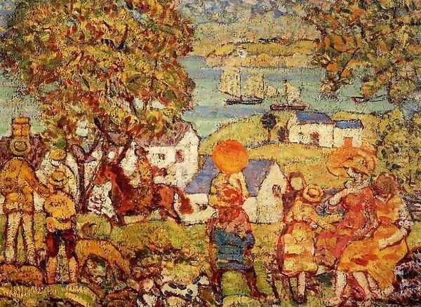 Landscape Figures Cottages And Boats Oil Painting by Maurice Brazil Prendergast