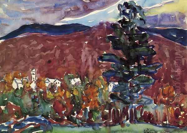 Village Against Purple Mountain Oil Painting by Maurice Brazil Prendergast