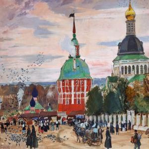 Street Life At Troitsko-sergieva Lavra In Sergiyev Posadoutside Moscow Oil Painting by Boris Kustodiev