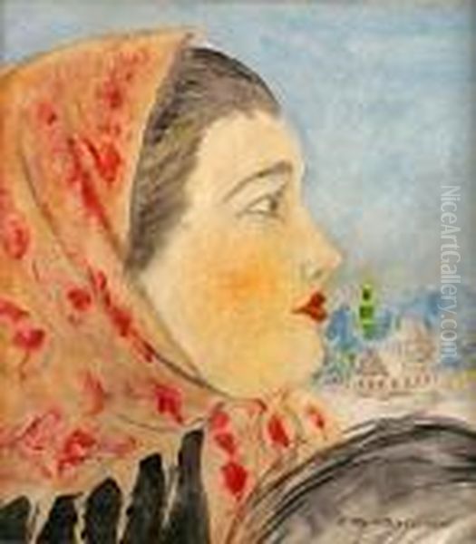 Head Of A Woman In Profile Oil Painting by Boris Kustodiev