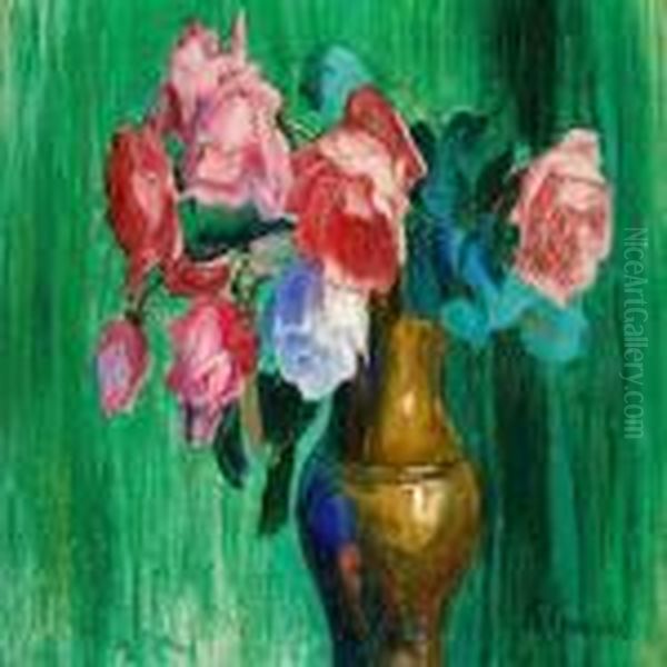 Emerald Green Still Life With Roses In A Vase Oil Painting by Boris Kustodiev