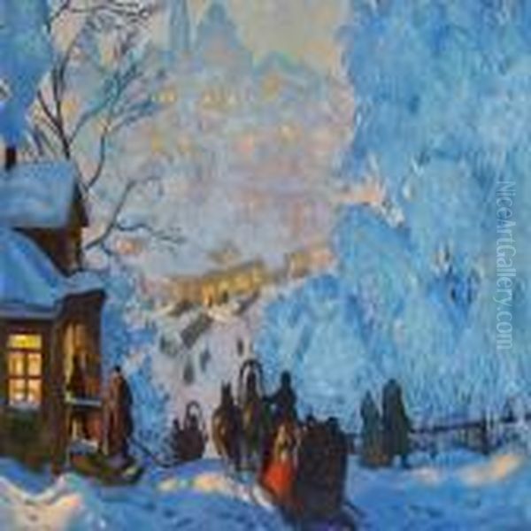 A Snow-covered Russian Town Oil Painting by Boris Kustodiev