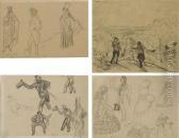 Fashions For Gentlemen From The 
Mid 19th Century; Study Of Figures Skiing; Studies Of Costumes; And 
Figurative Male Studies Oil Painting by Boris Kustodiev