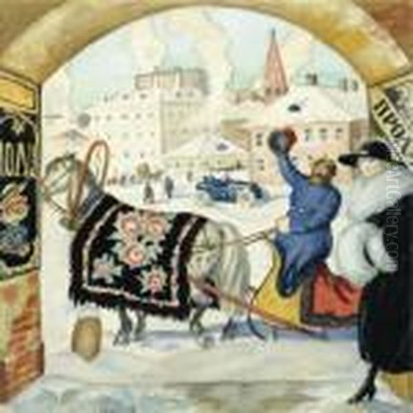 Winter Scene With Sleigh Oil Painting by Boris Kustodiev