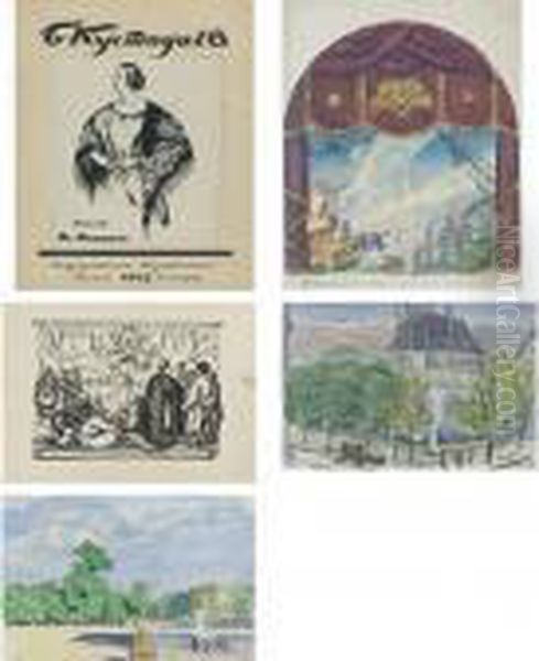 Two Book Cover Designs, A Set Design And Two Paris Scenes: 5 Works Oil Painting by Boris Kustodiev