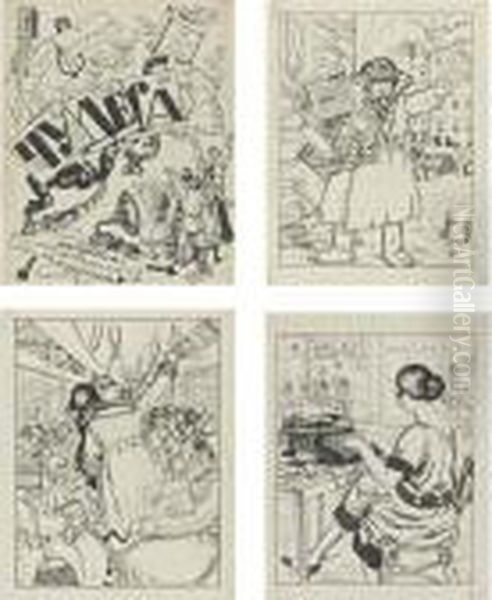 Wonders (chudesa): Four Ink Drawings Oil Painting by Boris Kustodiev