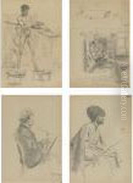 Six Drawings Including Portraits Of Repin And Stelletsky Oil Painting by Boris Kustodiev