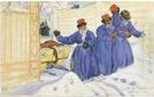 Three Coachmen In The Snow Oil Painting by Boris Kustodiev