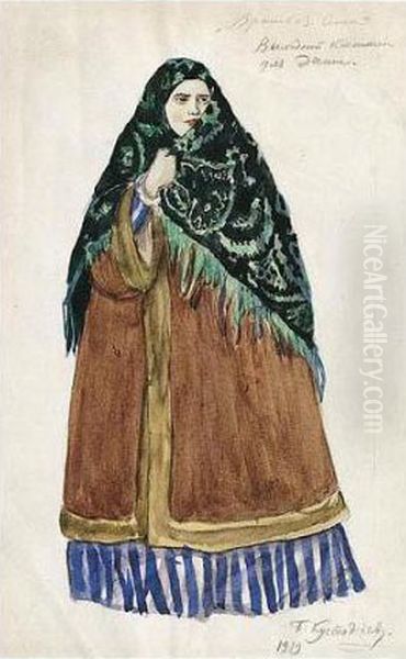 Costume Design For Dasha, The Merchant's Wife, Wearing Green And Black Headscarf Oil Painting by Boris Kustodiev