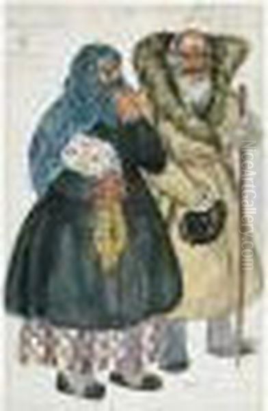 Costume Design For An Old Peasant Couple: Agafon And Stepanida Oil Painting by Boris Kustodiev