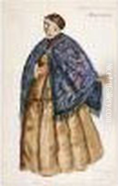 Costume Design For Afimia, An Elderly Peasant Woman With Blue Shawl Oil Painting by Boris Kustodiev