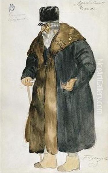 Costume Design For Ilya, An Old Peasant Man With Walking Stick Oil Painting by Boris Kustodiev