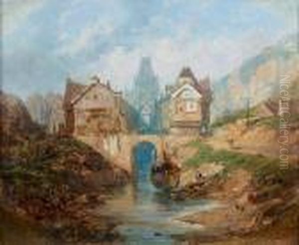 Riviere Traversant Une Ville Normande Oil Painting by Charles Euphrasie Kuwasseg