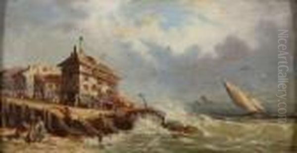 Jetee Animee A La Voile Oil Painting by Charles Euphrasie Kuwasseg