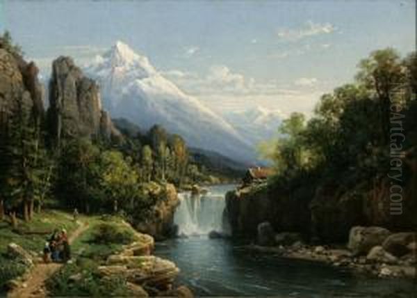 Cascade La Vallee, D'oche, Alps Oil Painting by Charles Euphrasie Kuwasseg