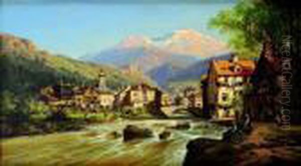 Village Anime Pres De Chamonix Oil Painting by Charles Euphrasie Kuwasseg