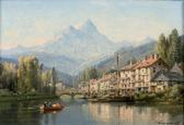 Ville De Montagne Avec Promeneurs Enbarque Oil Painting by Charles Euphrasie Kuwasseg