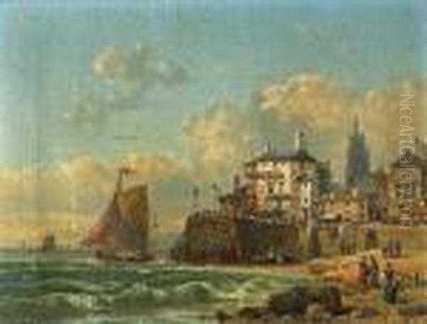 A Coastal Town With Shipping Offshore Oil Painting by Charles Euphrasie Kuwasseg