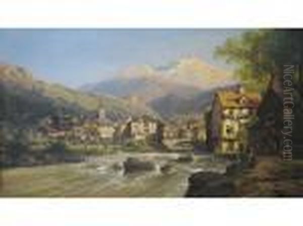 An Alpine Town On A River With Snow-capped Mountains Beyond Oil Painting by Charles Euphrasie Kuwasseg