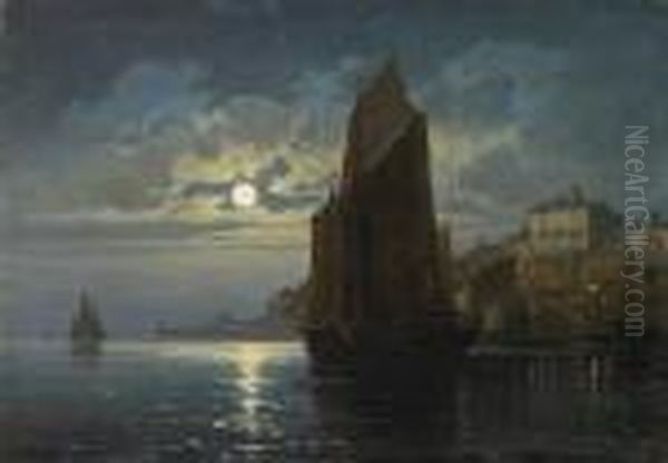 Vessels At Their Moorings Under Moonlight Oil Painting by Charles Euphrasie Kuwasseg