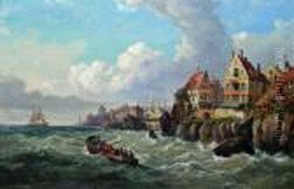 Continental Coastal Town Oil Painting by Charles Euphrasie Kuwasseg