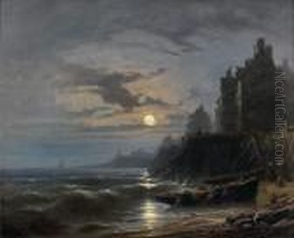 Scene De Peche En Pleine Lune Oil Painting by Charles Euphrasie Kuwasseg