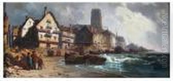 View Of Seaside Town With Boats And Figures On Beach Oil Painting by Charles Euphrasie Kuwasseg