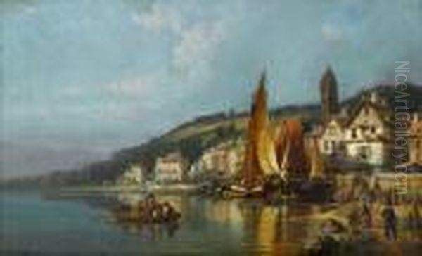 Coastal Town Oil Painting by Charles Euphrasie Kuwasseg