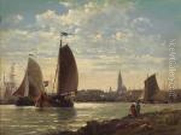 A Busy Dutch Seaport Oil Painting by Charles Euphrasie Kuwasseg