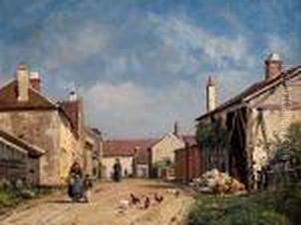 Rue De Village Oil Painting by Charles Euphrasie Kuwasseg