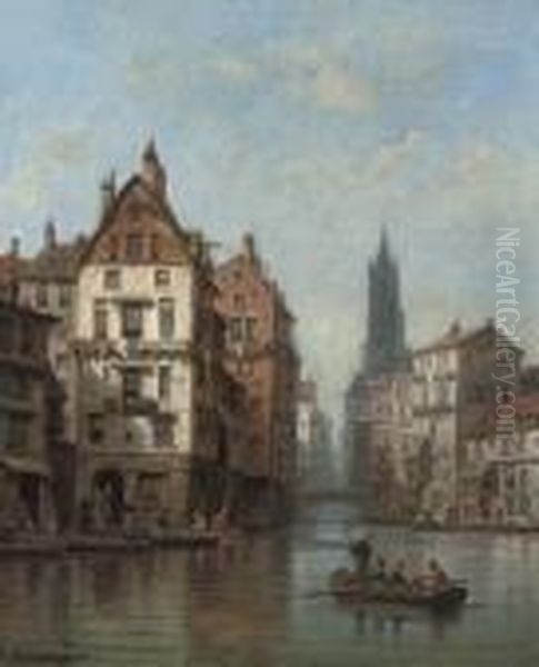 On The Canal, Malines Oil Painting by Charles Euphrasie Kuwasseg