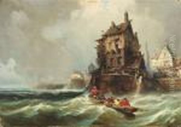 Rowing Boat In Rough Sea At At Village At A Cliff Line Oil Painting by Charles Euphrasie Kuwasseg