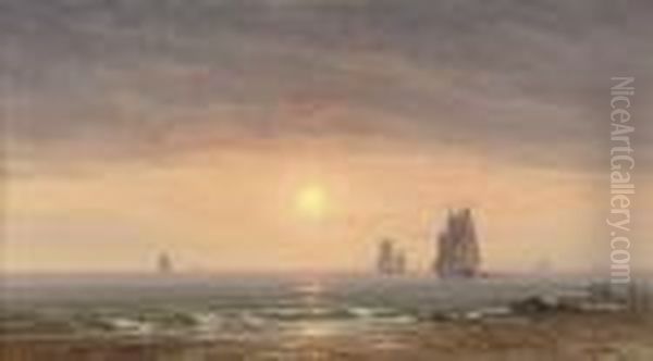 Fishing Vessels Off The Coast At Dusk Oil Painting by Charles Euphrasie Kuwasseg