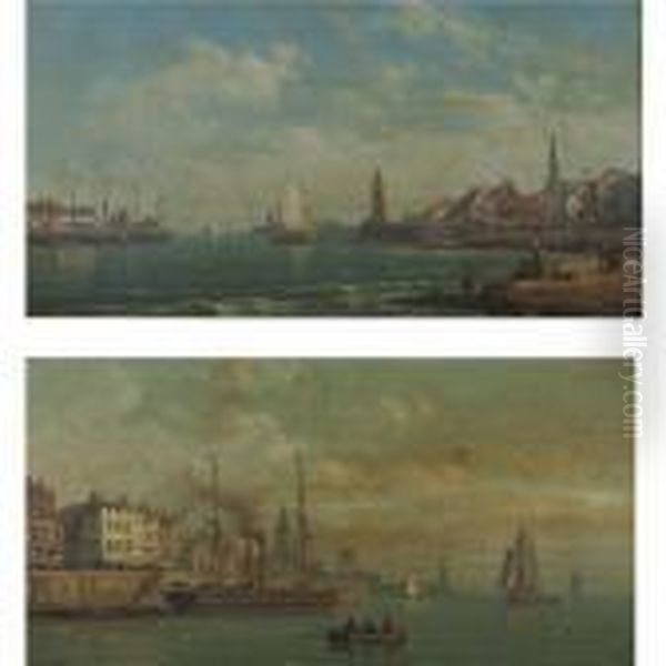 Views Of Harbours With Fisherboats: A Pair Of Paintings Oil Painting by Charles Euphrasie Kuwasseg