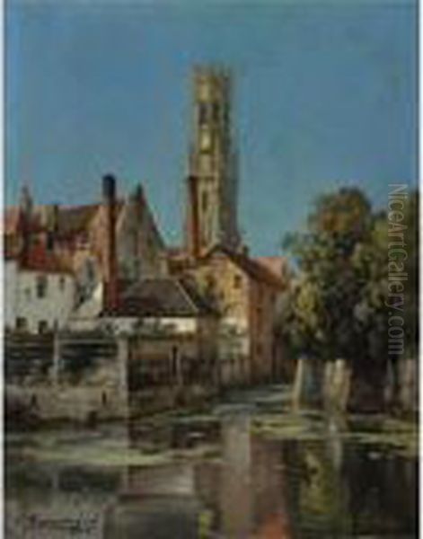 View Of A Moated Town Oil Painting by Charles Euphrasie Kuwasseg