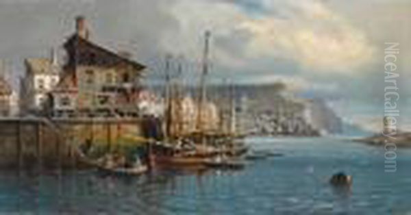 Many Figures In The Harbour Of A Coastal Town Oil Painting by Charles Euphrasie Kuwasseg