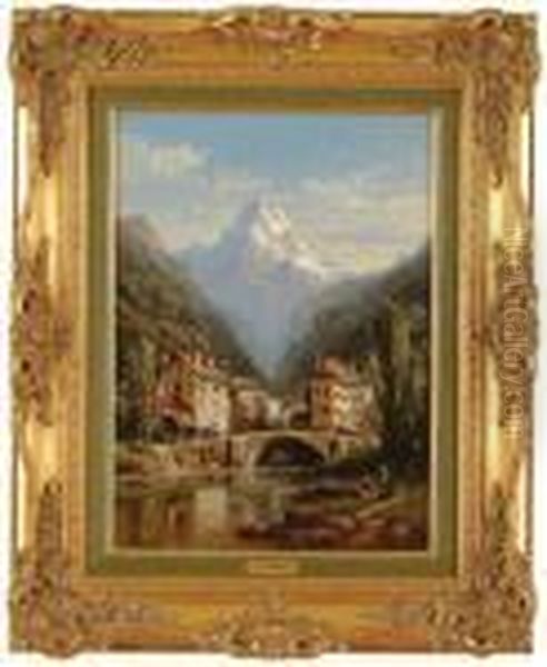 A Town In An Alpine Pass. Oil Painting by Charles Euphrasie Kuwasseg