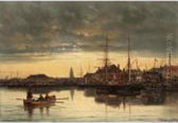 Rowing Into Harbour At Dusk Oil Painting by Charles Euphrasie Kuwasseg