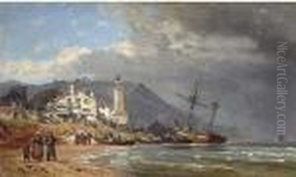 Unloading Vessels On The Normandy Coast Oil Painting by Charles Euphrasie Kuwasseg