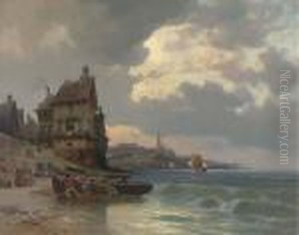 Dragging A Fishing Boat Ashore By A French Port Oil Painting by Charles Euphrasie Kuwasseg