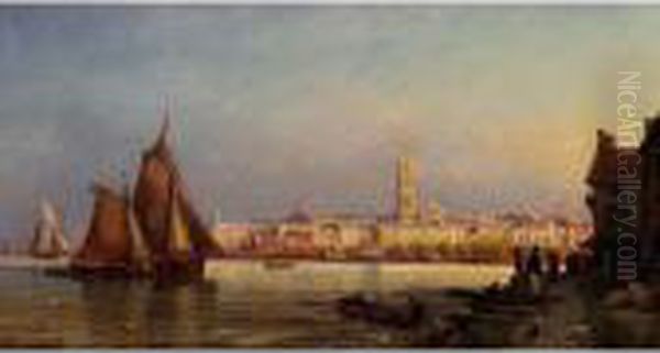 Fishermen In A Harbour Oil Painting by Charles Euphrasie Kuwasseg