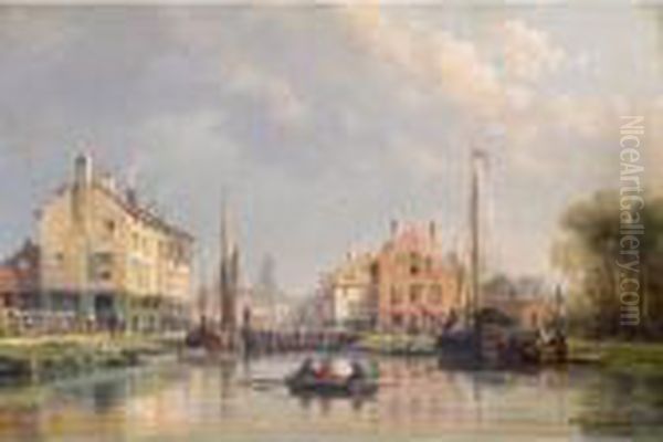 Vue D'une Ville Au Bord De L'eau En Hollande Oil Painting by Charles Euphrasie Kuwasseg