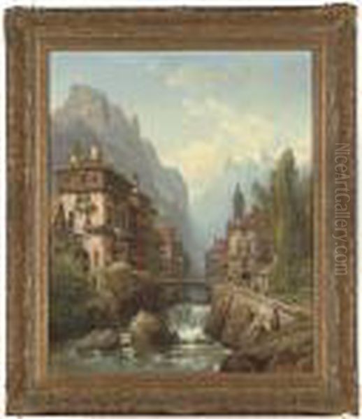 An Alpine Gorge Oil Painting by Charles Euphrasie Kuwasseg