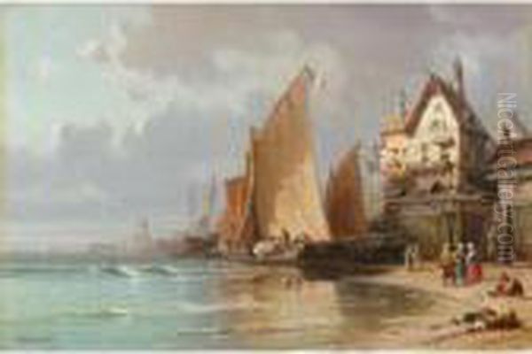 Sailing Vessels In A Harbour Oil Painting by Charles Euphrasie Kuwasseg