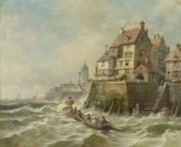 Hafenstadt Mit Fischerboot Oil Painting by Charles Euphrasie Kuwasseg