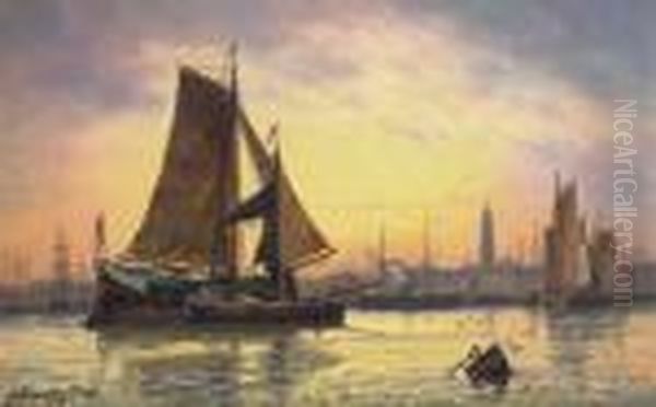 Barges Docking At A Harbour, Antwerp Oil Painting by Charles Euphrasie Kuwasseg