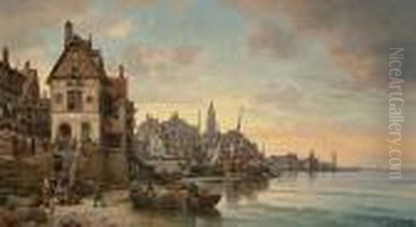 A Busy French Harbour Scene Oil Painting by Charles Euphrasie Kuwasseg