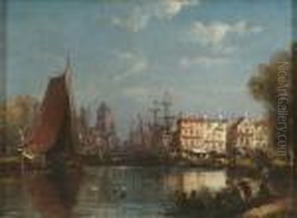 A Busy Port Oil Painting by Charles Euphrasie Kuwasseg