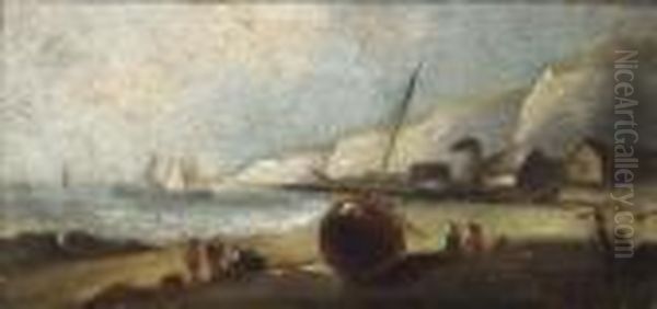 Unloading At Low Tide On The Britanny Coast; And A Britanny Fishingvillage Oil Painting by Charles Euphrasie Kuwasseg